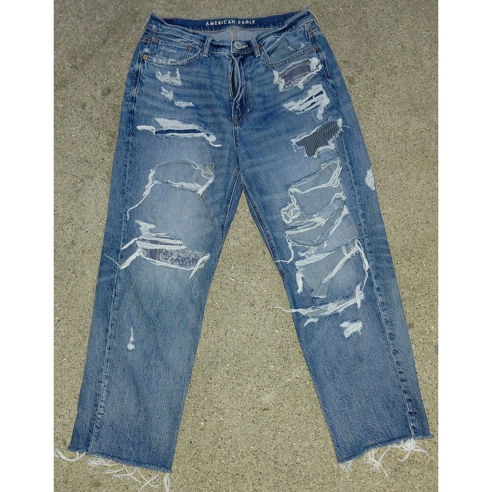 American Eagle Womens Blue Straight Leg Jeans 10 High Rise Frayed Hem Distressed